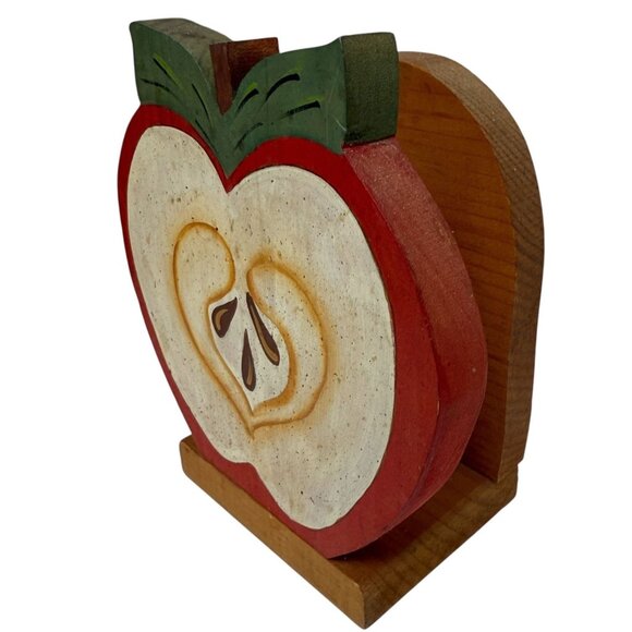 Wooden Napkin Holder Apple Handpainted Vintage Kitchen Decor Cottagecore Rustic - Picture 7 of 11